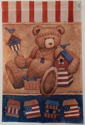 Patriotic Teddy with Birdhouses Banner